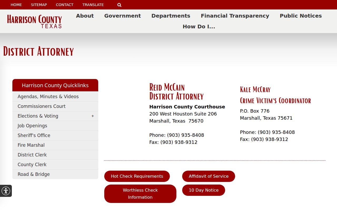 Harrison County criminal court case docket links from the District Attorney
