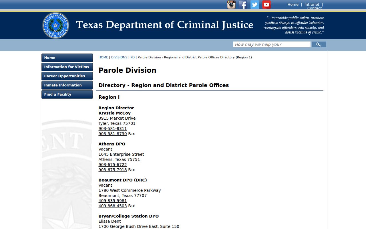 Harrison County criminal history listing for the Marshall parole office