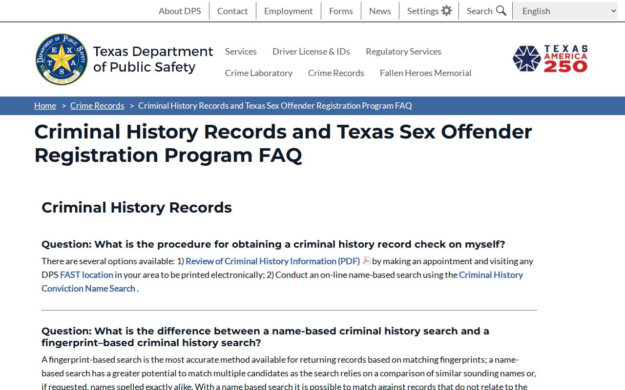 Harrison County criminal history DPS name and fingerprint fee explanation